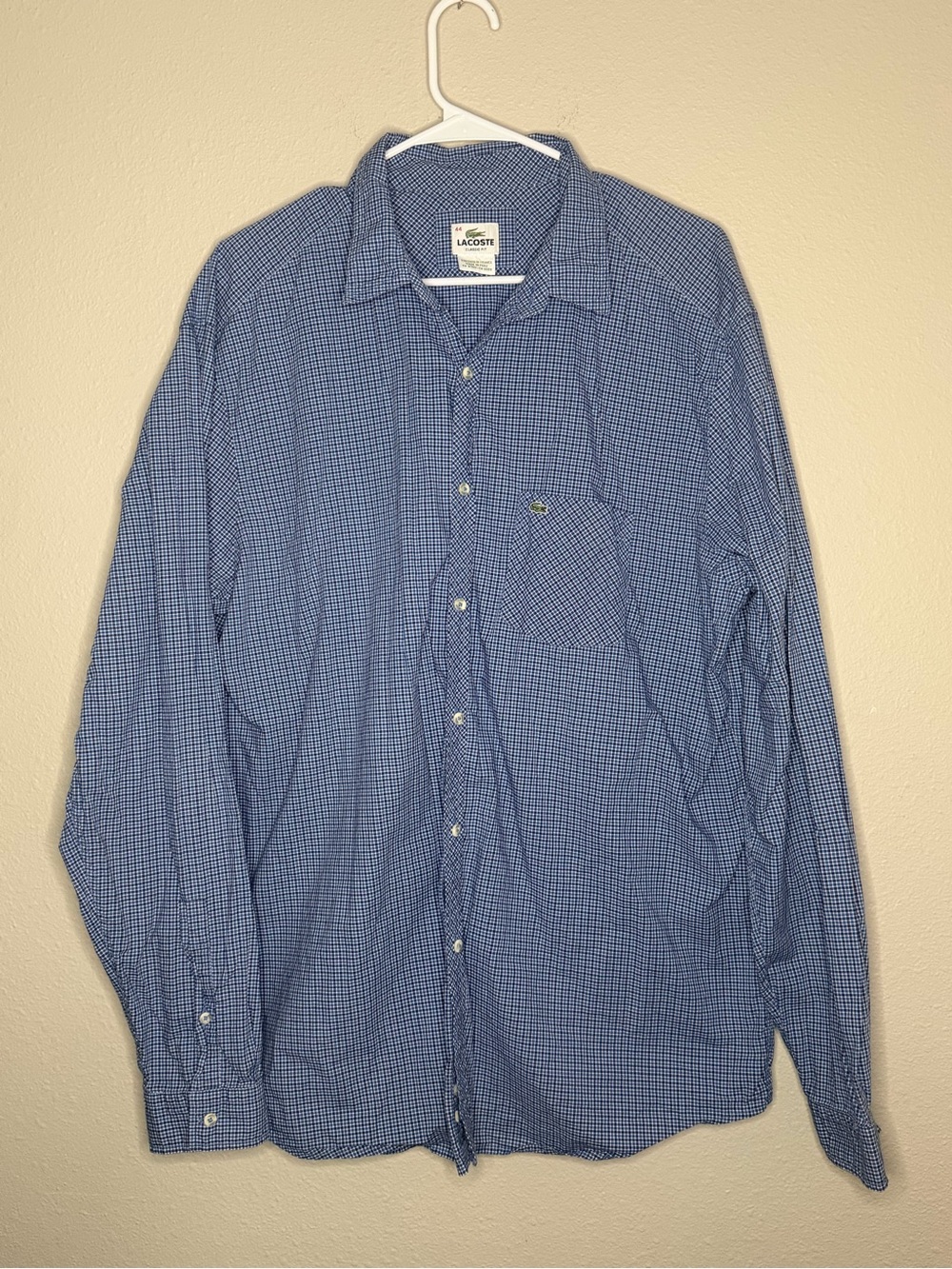 Lacoste Men's  Blue Long Sleeve Check Pocket Button Down Shirt Size 44 XL